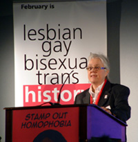 Sue Sanders speaking at the pre-launch of LGBT History Month